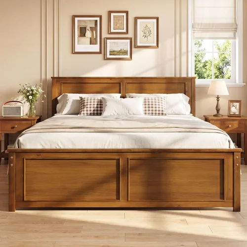 Miniatura 13 de Giantex Marco de cama de plataforma de madera maciza de tamaño matrimonial, marco de cama matrimonial de mediados de siglo con cabecero, soporte