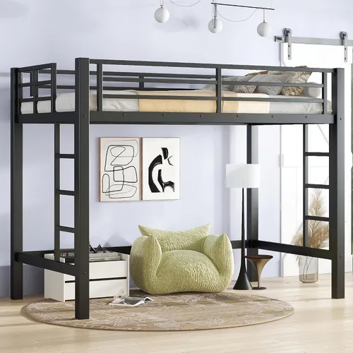 Cama alta de metal tamaño individual, marco de cama tipo loft resistente, tamaño individual con 2 escaleras y barandillas de longitud completa para