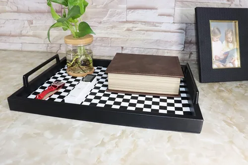 Miniatura 8 de MCBZ Bandeja decorativa para mesa de centro de sala de estar, bandeja de servicio de alimentos, bandeja otomana de cuero, con asas de metal de 16.5