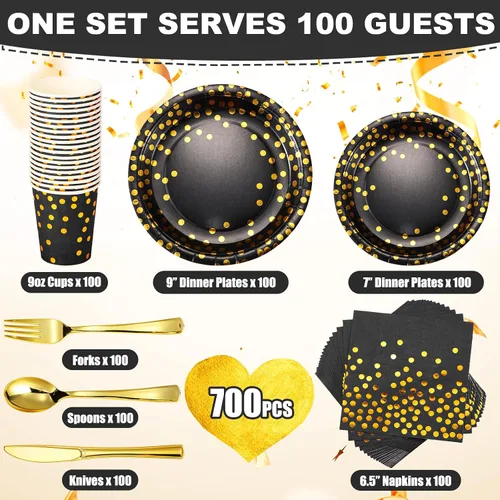Miniatura 2 de 700 piezas de suministros de fiesta negros y dorados, juegos de vajilla desechables para 100 invitados, platos de papel negro y dorado, servilletas