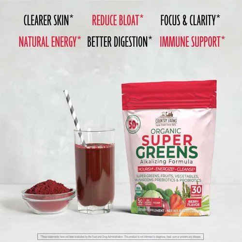 Miniatura 3 de Country Farms Super Greens sabor a bayas, 50 súper alimentos orgánicos, mezcla de bebida orgánica USDA (pasto de trigo, espirulina, chlorella)