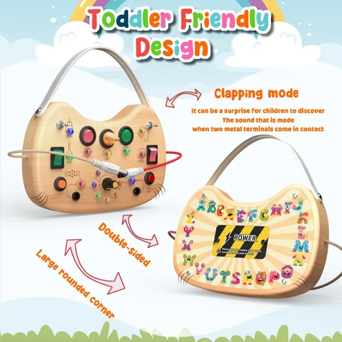 Miniatura 3 de flycoost - Tablero de actividades Montessori para niños pequeños, juguete sensorial de madera para autismo, con interruptor, 17 luces LED para niños
