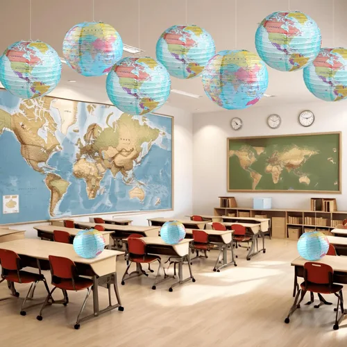 Miniatura 5 de 10 linternas de papel con mapa del mundo, 10 pulgadas, globos de papel, linternas de mapa, decoración de aula, mapa de viaje, linterna de papel