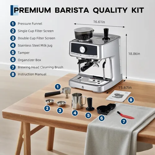 Miniatura 5 de Garvee Máquina de café expreso de acero inoxidable a presión de 20 bar con molinillo, tanque de agua extraíble de 1.5 L, varita de vapor espumador