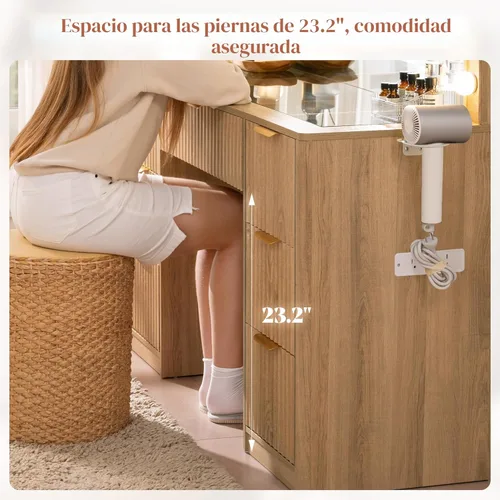 Miniatura 8 de AMERLIFE - Mesa de tocador con acanaladuras de 47.2" con espejo y luces LED ajustables, mesa de maquillaje grande con 7 cajones, tapa de vidrio