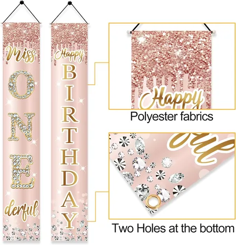 Miniatura 6 de Miss Onederful - Cartel de feliz cumpleaños para puerta y letrero de porche para niñas bebés, suministros de fiesta de primer cumpleaños, decoración