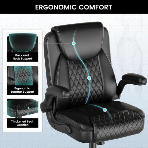 Miniatura 4 de COMHOMA Silla de oficina de cuero, silla de escritorio para computadora con brazos abatibles y respaldo ergonómico, silla ejecutiva resistente