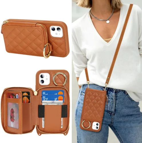 Miniatura 44 de Funda Cartera Bandolera para iPhone 11, Cuero PU Cremallera Bolso Cartera Funda Plegable con Tapa, Funda Folio con Soporte con Ranuras para Tarjetas