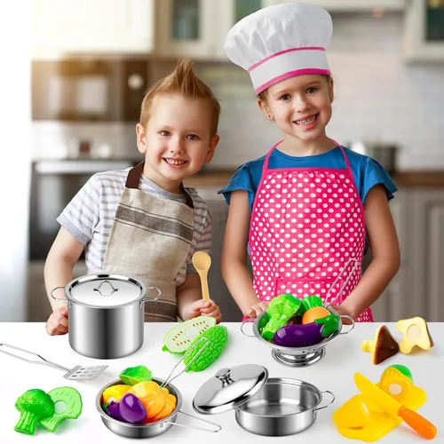 Miniatura 7 de Juboury Juego de juguetes de cocina con utensilios de cocina de acero inoxidable, utensilios de cocina, delantal y sombrero de chef, cortar verduras