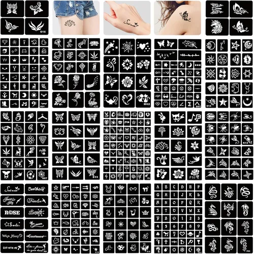 16 hojas de plantillas de tatuaje de henna reutilizables para mujeres, niñas y niños, más de 220 plantillas de tatuaje, plantilla de tatuaje con