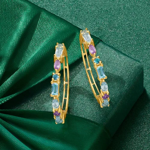 Miniatura 3 de Ross-Simons Aretes de aro de topacio azul tonal y amatista de 129 quilates en oro de 18 quilates sobre ley