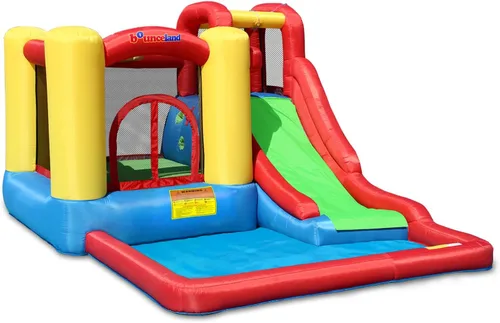 Bounceland Parque de juegos inflable con salto y aventura de salpicaduras o tobogán acuático todo en uno, piscina grande, área de salto divertida