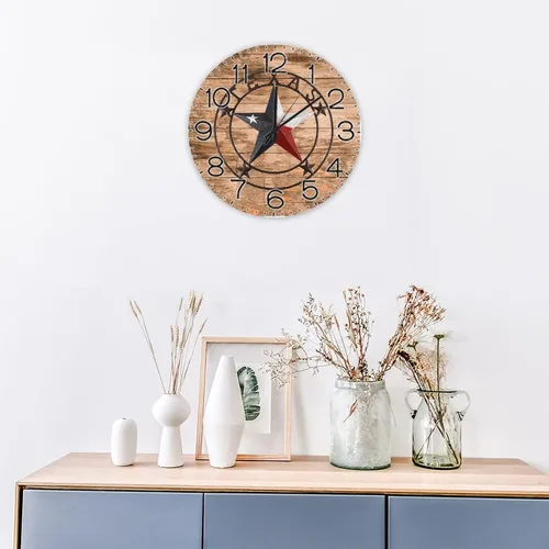 Miniatura 4 de Reloj digital de madera de estilo vintage, con diseño de estrella de Texas, funciona con pilas, para dormitorio, sala de estar, reloj de pared