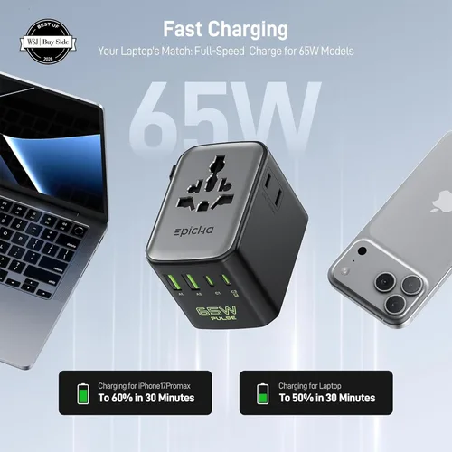 Miniatura 2 de Epicka Pulse Duo - Adaptador de viaje universal de 65 W, adaptador de corriente internacional con PD y QC 3.0 de carga rápida para 2 dispositivos