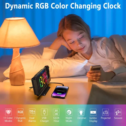 Miniatura 4 de Reloj despertador de proyección para techo de dormitorio, proyector giratorio de 180°, espejo RGB de 7.4 pulgadas, pantalla digital LED, alarma dual