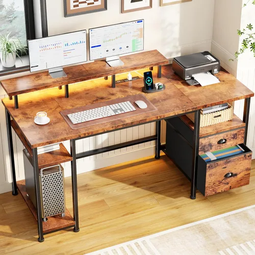 Miniatura 12 de Furologee Escritorio para juegos de 51 pulgadas con tomas de corriente y luces LED, escritorio reversible para computadora con archivador y soporte