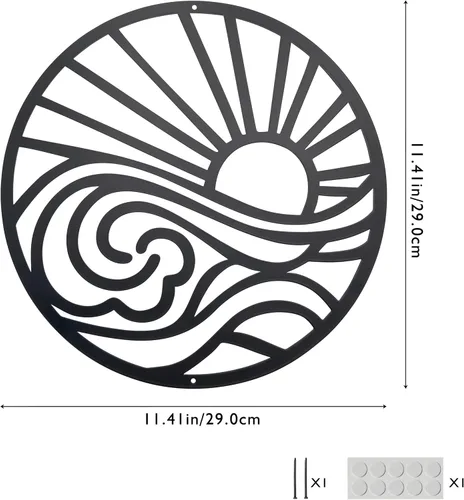 Miniatura 2 de Urbraneco Adorno de pared de metal con diseño de sol y ondas, diseño minimalista de línea de amanecer, letrero redondo para sala de estar, cocina