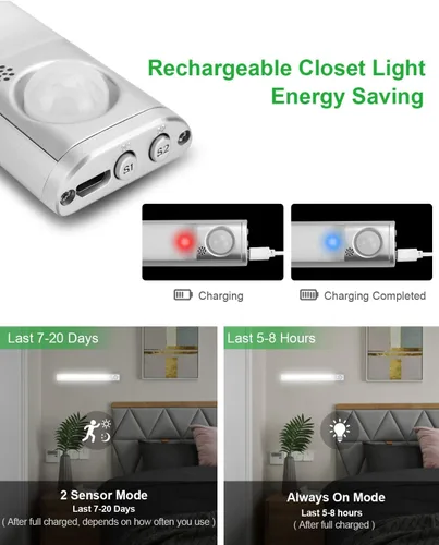 Miniatura 5 de Iluminación debajo del gabinete, luz de sensor de movimiento de 80 LED para interiores, luz de armario recargable, luces debajo del gabinete con 3