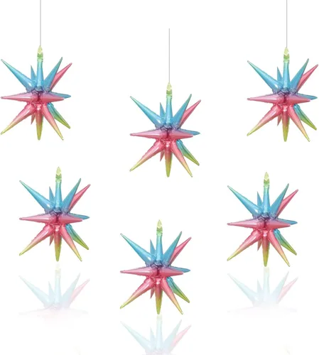 Miniatura 13 de 6 Globos de Papel de Aluminio con Forma de Estrella Negra de Una Pieza, Globo de Estrella de 14 Puntas 4D Cono Starburst de Mylar de 22 Pulgadas
