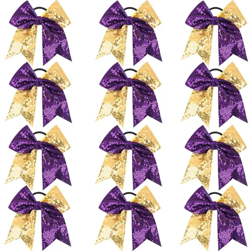 Miniatura 22 de Oaoleer 12 lazos grandes con purpurina para el pelo de 7 pulgadas, banda elástica hecha a mano para animadoras, adolescentes, niñas, deportes Negro