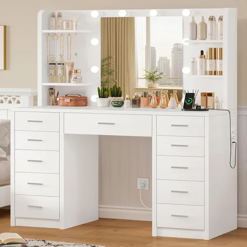 Miniatura 2 de FIONESO Escritorio grande con espejo y luces, tocador de maquillaje con 11 cajones y 6 estantes abiertos, 3 modos de iluminación, brillo ajustable