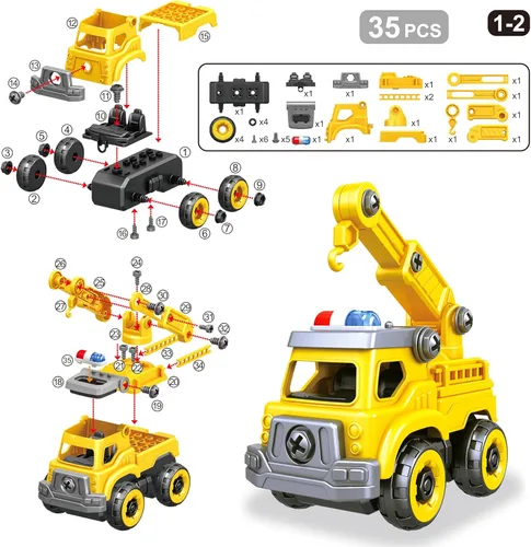 Miniatura 5 de Juguetes de coches 4 en 1 para desarmar para niños, vehículo de juguete de camión de construcción de ingeniería DIY - camión volquete, mezcladora