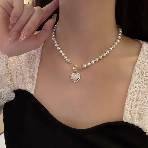 Miniatura 6 de GELMOINY Collares de perlas para mujer, collar de perlas de imitación de 0.23 pulgadas, collar de perlas de corazón chapado en oro de 14 quilates