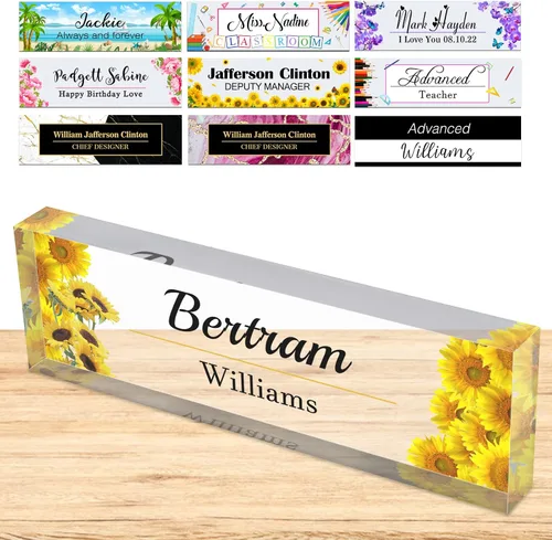 Miniatura 9 de Placa de nombre personalizada para escritorio, placas de nombre personalizadas para hombres y mujeres, diseño de girasol con logotipo de negocios