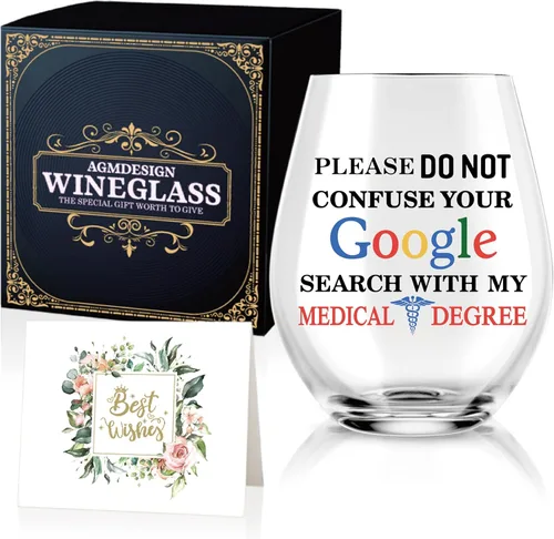 AGMDESIGN Please Do Not Confuse Your Google Search With My Medical Degree - Vaso de vino divertido con caja de regalo, regalos para doctor médico,