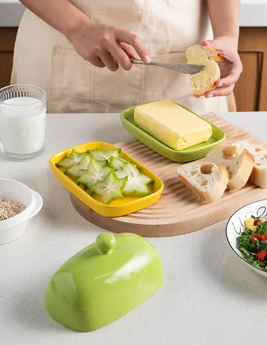 Miniatura 3 de Sweejar Mantequillera de cerámica con tapa para encimera, recipiente para mantequilla de porcelana con mango de perilla, recipiente para mantequilla