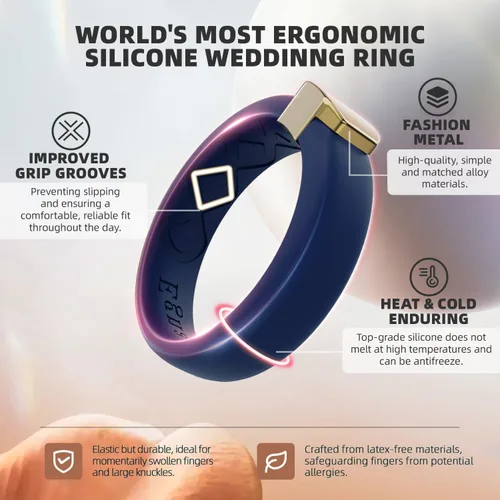 Miniatura 16 de Egnaro - Anillo de boda de silicona para mujer, diseño ergonómico y transpirable, ancho de 0.15 pulgadas, bandas de silicona flexibles con placa