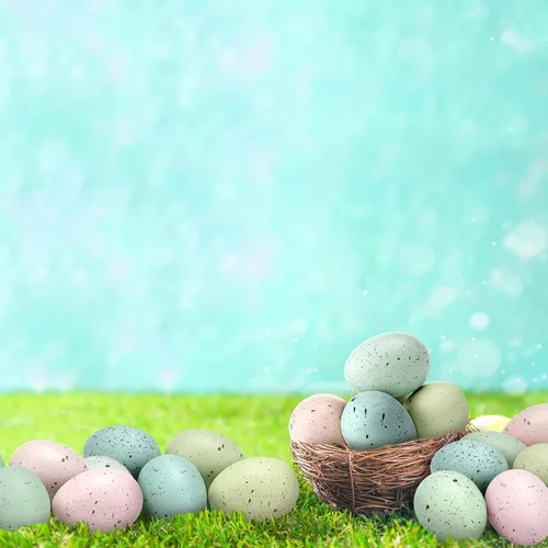 Miniatura 5 de SiliFine 16 huevos moteados de Pascua de 2.4 pulgadas, cuenco de plástico para huevos moteados, relleno de jarrón para exhibiciones de primavera