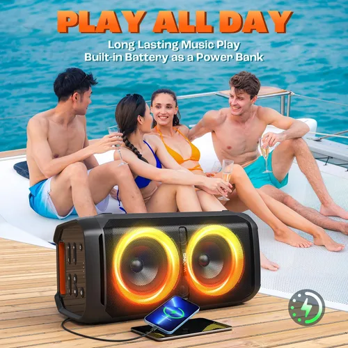 Miniatura 8 de W-KING Altavoz Bluetooth portátil de 240 W, caja de auge fuerte con subwoofers de graves profundos, altavoz impermeable IPX6 para exteriores