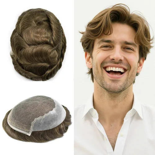 Miniatura 21 de Toupee - Sistemas de reemplazo de cabello para hombre, encaje frontal suizo, nudo blanqueado, pieza de cabello humano natural 1# negro azabache, 8 x
