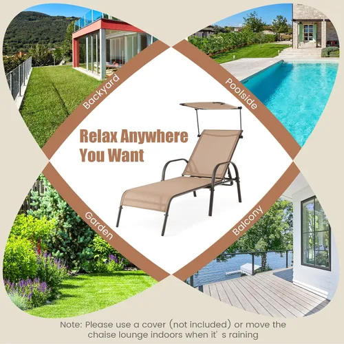 Miniatura 8 de Byroce - Sillón de patio con toldo, tumbona para exteriores con respaldo ajustable de 5 niveles, brazos y portavasos, silla reclinable de metal