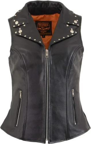 Miniatura 7 de Milwaukee Leather MLL4503 Chaleco de motociclista clásico de cuero con cuello en V negro para mujer con cuello de solapa remachado - S