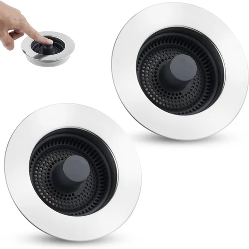 Miniatura 12 de Combo Universal 3 en 1 de Colador y Tapón de Drenaje para Fregadero de Cocina, Carcasa de Acero Inoxidable Negro con Tapón Emergente para Filtro