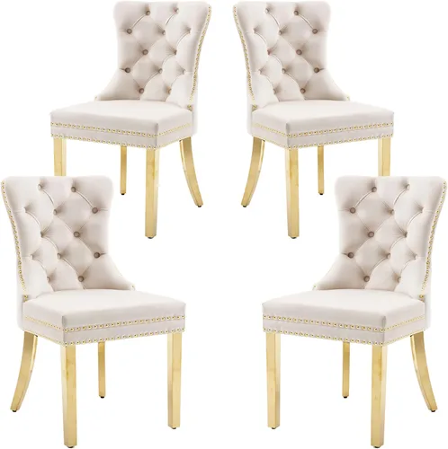 Miniatura 38 de KCC Nikki Collection - Juego de 4 sillas de comedor de terciopelo tapizadas de alta gama con anillo trasero de clavo, patas de madera maciza