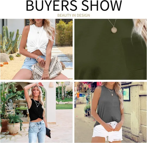 Miniatura 6 de BESFLY Camiseta sin mangas para mujer, cuello redondo, ajuste holgado, ligera, con bolsillo