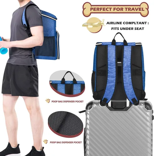 Miniatura 5 de BAGLHER Mochila de viaje para perros, mochila de suministros para mascotas aprobada por aerolíneas, bolsa de viaje para perros con 2 cuencos Azul