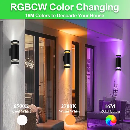 Miniatura 2 de wowlite Paquete de 2 luces RGB arriba y abajo para exteriores, luces de porche trasero, lámparas de pared al aire libre, control de aplicación WiFi