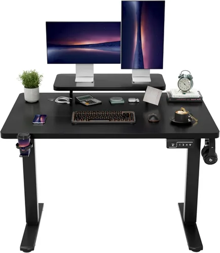 Shahoo Escritorio eléctrico de pie con estante para monitor, mesa de esquina ajustable de altura de 47 x 24 pulgadas, estación de trabajo para Blanco