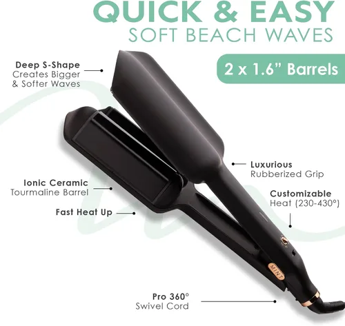 Miniatura 4 de MINT Ondulador de pelo de sirena de doble barril para cabello largo Herramienta iónica de ondulación profunda que crea volumen y ondas de playa