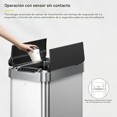 Miniatura 3 de EKO Phantom-T - Bote de basura vertical con sensor de movimiento de 50 litros/13.2 galones, acabado de acero inoxidable cepillado