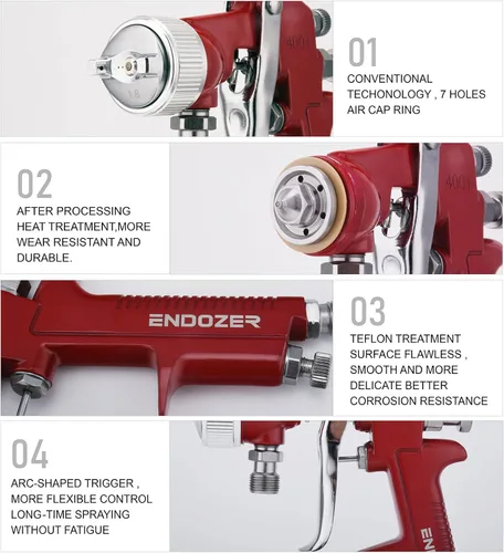 Miniatura 3 de ENDOZER Pistola pulverizadora profesional de alimentación por sifón para pintura, mango rojo, 34 oz - boquilla de 1.8mm para una variedad