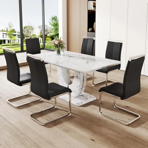 Miniatura 13 de Juego de 6 sillas de mesa de comedor para 6, juego de 6, moderno juego de comedor con mesa de comedor de mármol de 63 pulgadas, sillas tapizadas