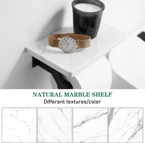 Miniatura 7 de Soporte de papel higiénico de aluminio negro mate Hoimpro con estante de mármol natural blanco, soporte de almacenamiento de rollo de papel de mano