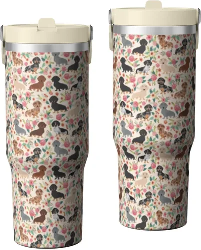 Miniatura 52 de Dachshund - Vaso de viaje aislado de acero inoxidable de 20 onzas con asa y pajilla, regalo para mujer, para el Día de la Madre, a prueba de fugas