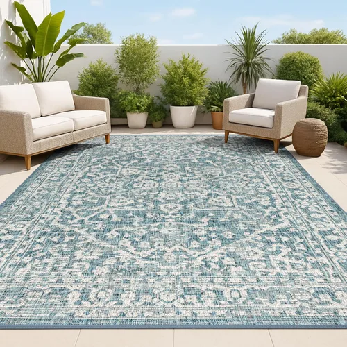 JONATHAN Y Boho Medallion - Alfombra para interiores y exteriores, 3 x 5 pies, color verde azulado/gris, tejido texturizado Malta, para patio