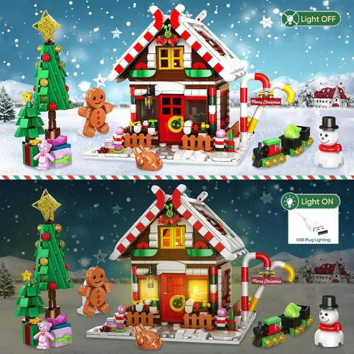 Miniatura 2 de Edificio de casa de pan de jengibre de Navidad, juego de construcción de casa de pueblo navideño, contiene árbol de Navidad y tren, juguete